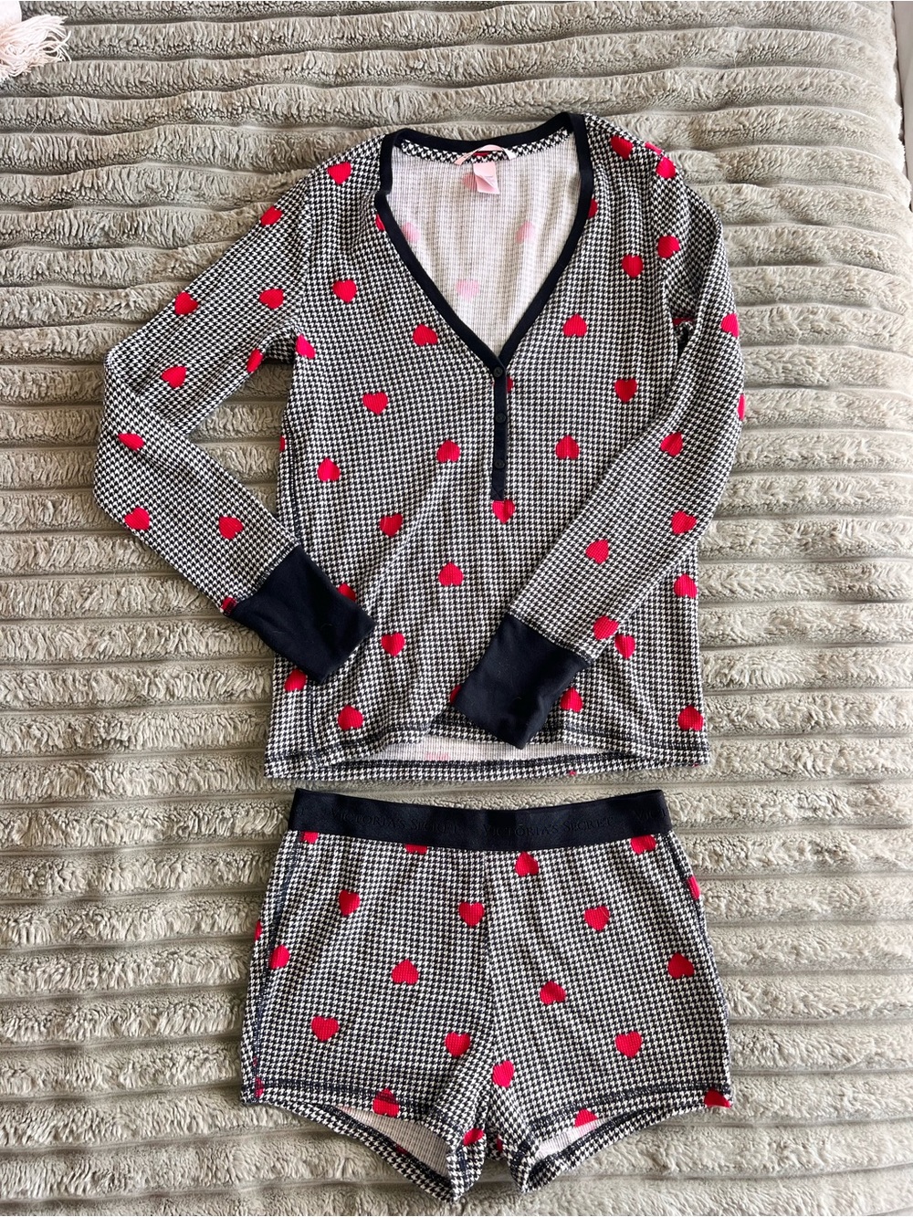 Victoria's Secret Houndstooth Heart Print Cotton Matching Pajama Set Size XS
